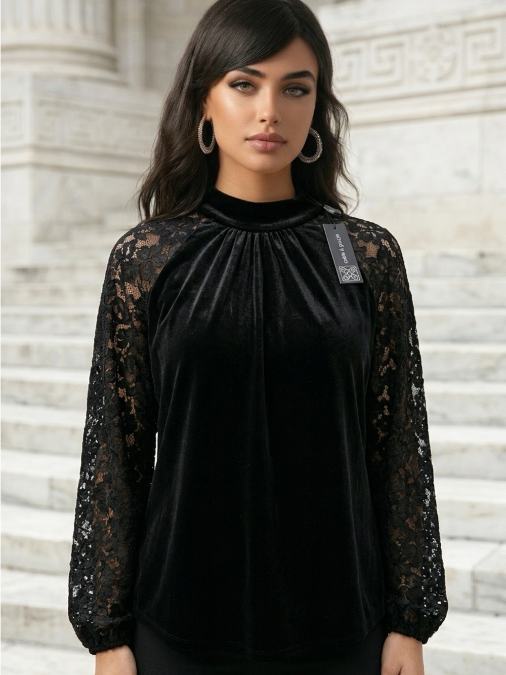 Cable & Gauge Womens Medium Black Velvet Bodice Lace Sleeve High Neck Top Blouse
